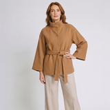 Women's Belted Cape Jacket with Stand Collar and Wrap Design