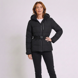 Women's Belted Hooded Ski Jacket with Fitted Design and Long Sleeves