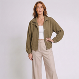 Women's Cropped Button-Up Jacket with Stand Collar and Long Sleeves