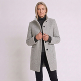 Women's Button-Front Long Coat with Stand Collar and Classic Design