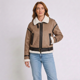 Women's Cropped Aviator Jacket with Teddy-Lined Interior and Biker Style