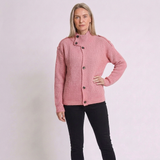 Women's Oversized Button-Front Cardigan with Stand Collar and Long Sleeves