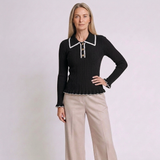 Women's Polo Sweater with Contrast Collar and Ribbed Design