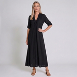 Women's Boho V-Neck Maxi Dress with Ruffle Accents and Roll-Up Sleeves