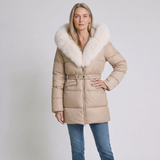 Women's Hooded Belted Puffer Jacket with Faux Fur Trim and Winter Style