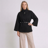 Women's Belted Cape Jacket with High Neck and Flared Sleeves
