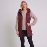 Women's Long Quilted Hooded Vest with Sleeveless Layering Design