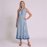 Women's Striped Maxi Dress with Stand Collar and Tiered A-Line Design