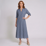 Women's Boho Striped V-Neck Maxi Dress with Long Sleeves and Pockets