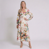 Women's Floral Print V-Neck Maxi Dress with Long Sleeves