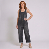 Women's Button-Front Wide Leg Overall Jumpsuit with Casual Utility Style