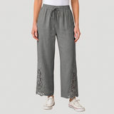 Women's Wide Leg Drawstring Pants with Floral Cutwork Hem Detail