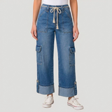 Women's Wide Leg Cropped Cargo Pants with Rope Tie Waist