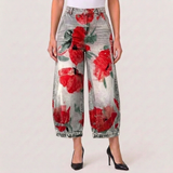 Women's High-Waisted Cropped Pants with Floral Print and Casual Style