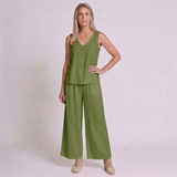 Women's V-Neck Pleated Two-Piece Set with Elastic Waist and Easygoing Style