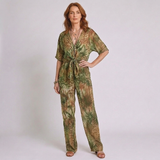Women's Deep V-Neck Leopard Print Set with Half Sleeves and Knot Detail