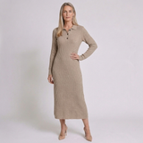 Women's Long Sleeve Midi Dress with Polo Button Neck