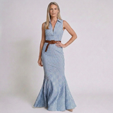 Women's Striped Deep V-Neck Maxi Dress with Belted Mermaid Silhouette