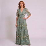 Women's Elegant Floral Pattern V-Neck Maxi Dress with Half Sleeves