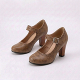 Women's Mary Jane Brogue Pumps with Block Heel and Vintage-Inspired Style