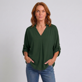Women's V-Neck Long Sleeve Blouse with Button Front Detail