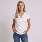 Women's Short Sleeve Draped Wrap V-Neck Blouse with Elegant Everyday Style