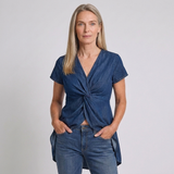 Women's V-Neck Wrap Tunic Blouse with Short Sleeves and Flattering Silhouette