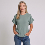 Women's Round Neck Wrap Top with Ruffle Detail and Short Sleeves