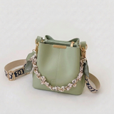 Women's Bucket Bag with Ribbon Chain and Crossbody Strap