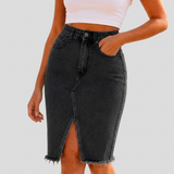 Women's High-Waisted Midi Skirt with Front Slit and Raw Hem Detail