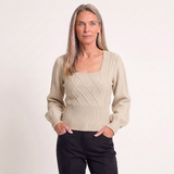 Women's Square Neck Jumper with Balloon Sleeves and Fitted Design