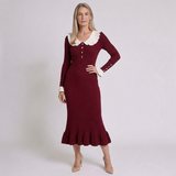 Women's Bodycon Midi Dress with Ruffle Collar and Long Sleeves