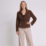 Women's Fitted Button-Front Jacket with Raw Edge Details and Classic Collar