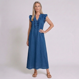 Women's Bohemian Sleeveless Maxi Dress with Ruffle Trim and Flowy Design