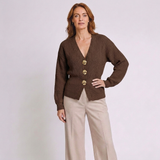 Women's V-Neck Button-Front Cardigan with Contrasting Hardware Details