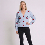 Women's Cherry Print V-Neck Cardigan with Button-Front Design