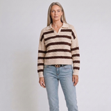 Women's Striped Polo Jumper with Textured Design and Long Sleeves