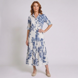 Women's Leaf Print Maxi Dress with Long Sleeves and Pleated Button-Front Design