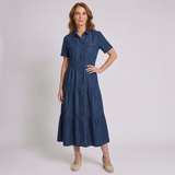 Women's Layered Denim Maxi Dress with Button Front