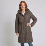 Women's Long Quilted Puffer Coat with Faux Fur Collar and Winter Design