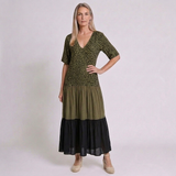 Women's Boho Color Block Maxi Dress with Leopard Print Bodice and V-Neck Design