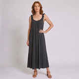 Women's Loose Pleated Maxi Dress with U-Neck and Tiered Flowy Design