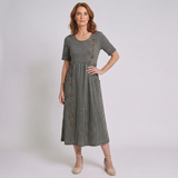 Women's Striped Short Sleeve Midi Dress with Button Front Detail