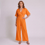 Women's V-Neck Wide Leg Jumpsuit with Pleated Waist and Tie Sash Detail