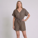 Women's V-Neck Romper with Smocked Waist and Pocket Detail