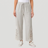 Women's Wide Leg Drawstring Pants with Floral Cutwork Hem Detail