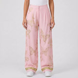 Women's High-Waisted Wide Leg Pants with Butterfly Print and Pocket Detail