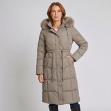 Women's Longline Quilted Puffer Coat with Detachable Hood and Winter Design
