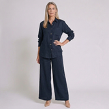 Women's Button-Up Pants Two-Piece Set with Long Sleeves and Lapel Collar