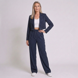 Women's Pinstripe Blazer and Wide Leg Pants Set with Sophisticated Tailored Style